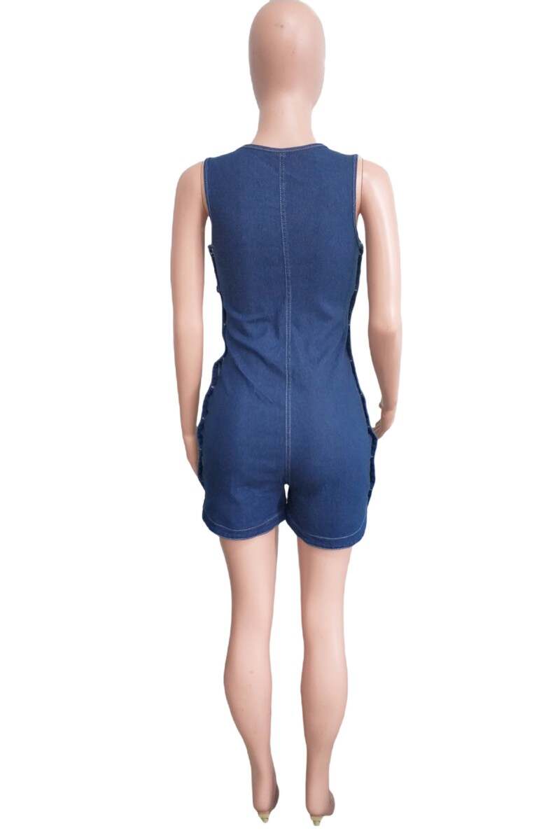 The cowboy blue Casual Solid Buttons U Neck Sleeveless Skinny Denim Romper