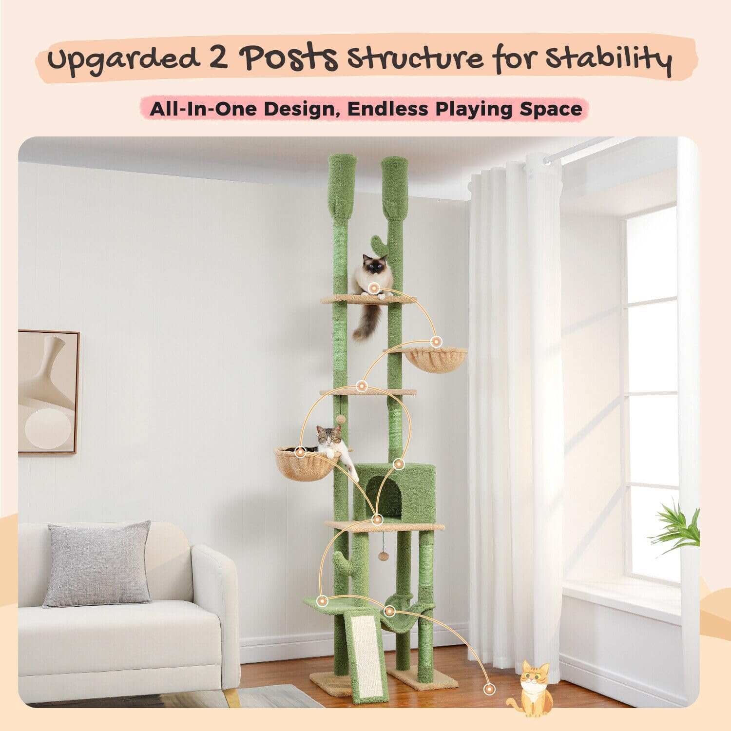 Cat Tree Floor Standing Cat Tower, Adjustable Height (85-112