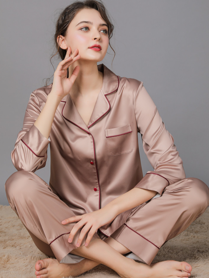 Ice Silk Plain Shawl Collar Casual Long Sleeve Couple Pajama Set