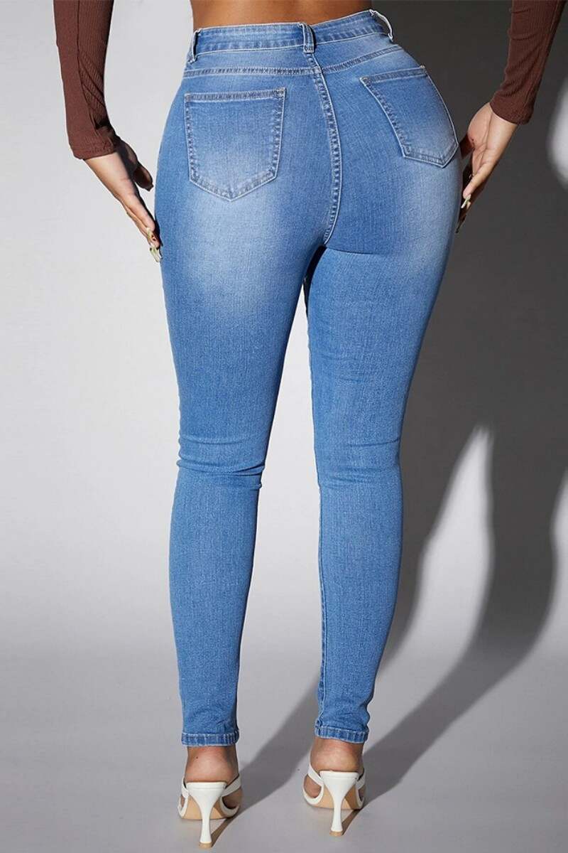 Light Blue Casual Solid Patchwork High Waist Skinny Denim Jeans