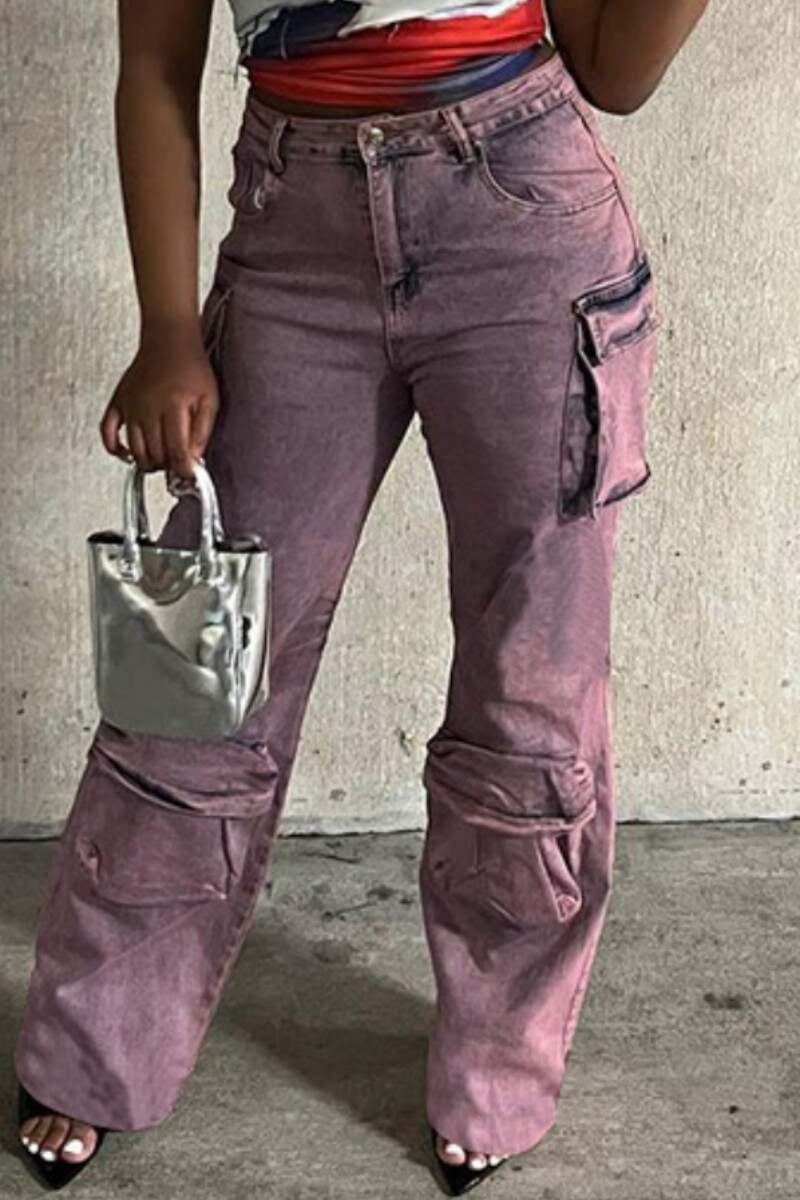 Pink Casual Patchwork Basic Mid Waist Straight Denim Jeans