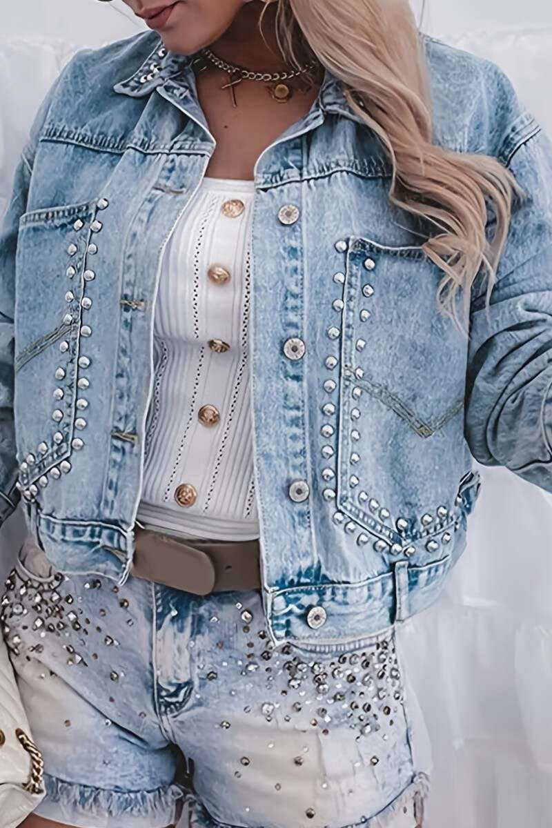 Light Blue Casual Patchwork Rivets Turndown Collar Long Sleeve Regular Denim Jacket