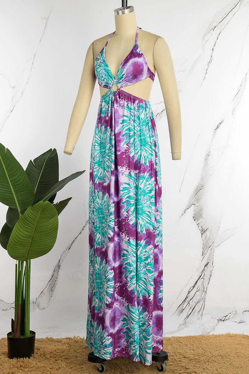 Purple Sexy Print Bandage Backless Spaghetti Strap Long Dress (Without Waist Chain ,Subject To The Actual Object)