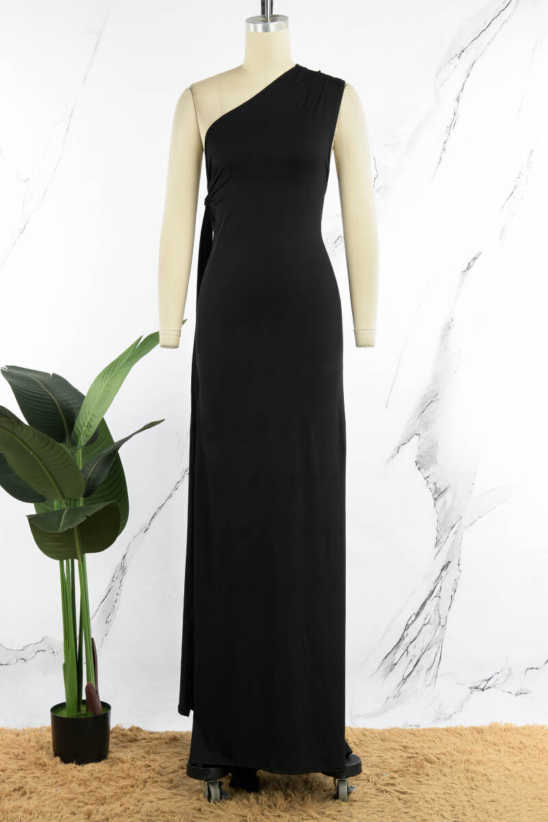 Black Sexy Solid Backless Asymmetrical Oblique Collar Long Dress Dresses