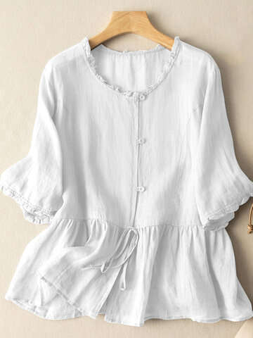 Women Blouses & Shirts | Solid Tie Loose Button Front Short Sleeve Crew Neck Blouse - LY85552