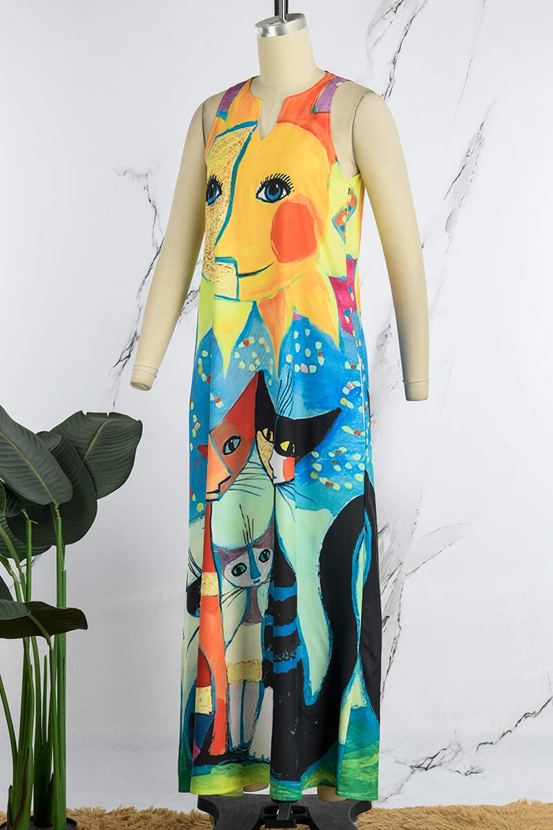 Multicolor Casual Print Basic V Neck Long Dress Dresses