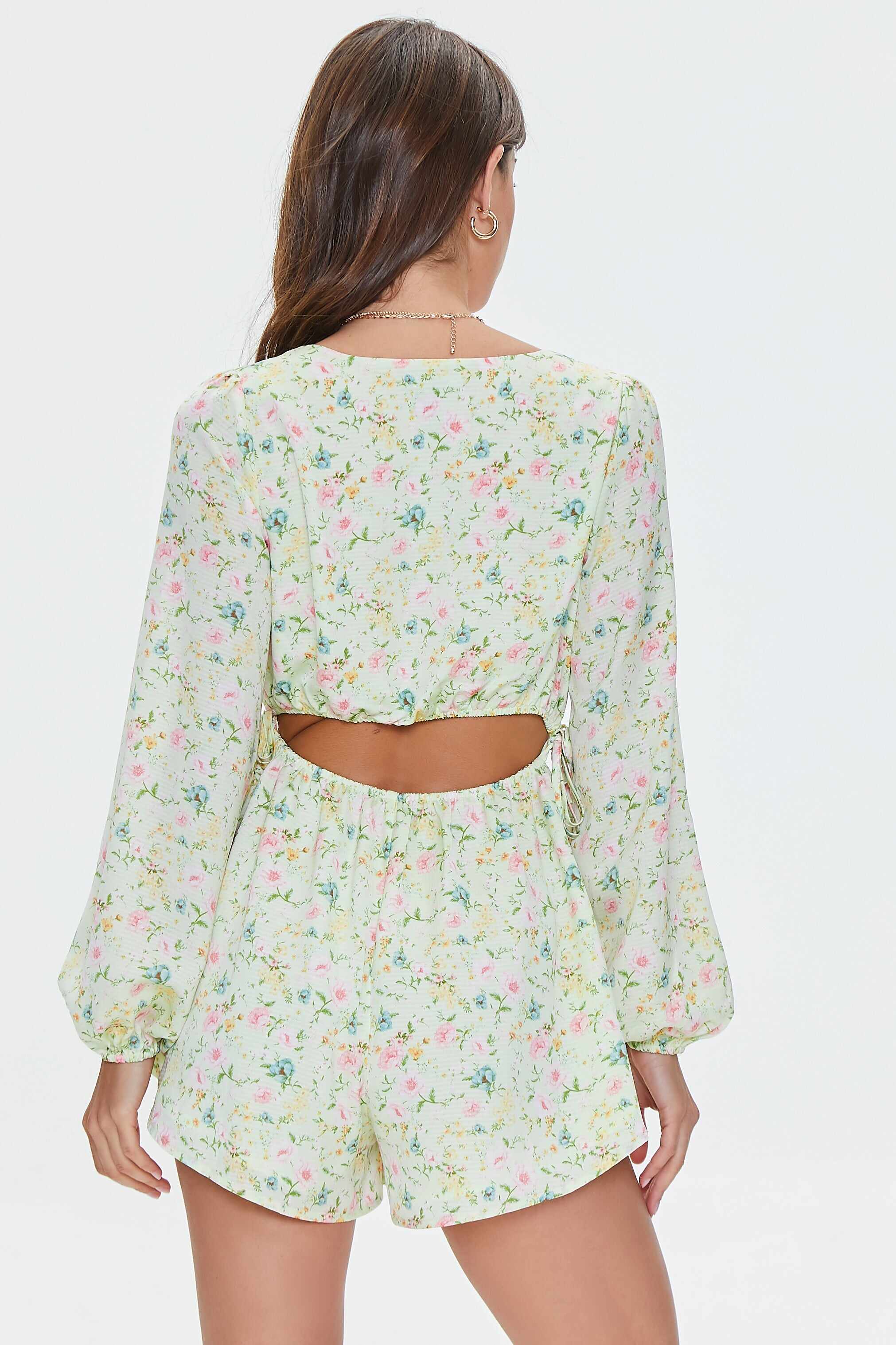 Women Apparel | Floral Print Cutout Romper Green Forever21 - HB38631