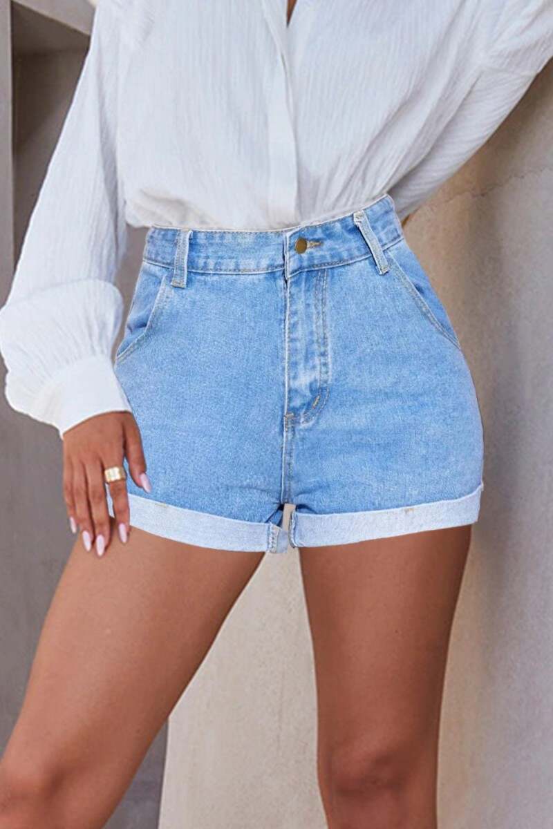 Baby Blue Casual Solid Patchwork High Waist Regular Denim Shorts