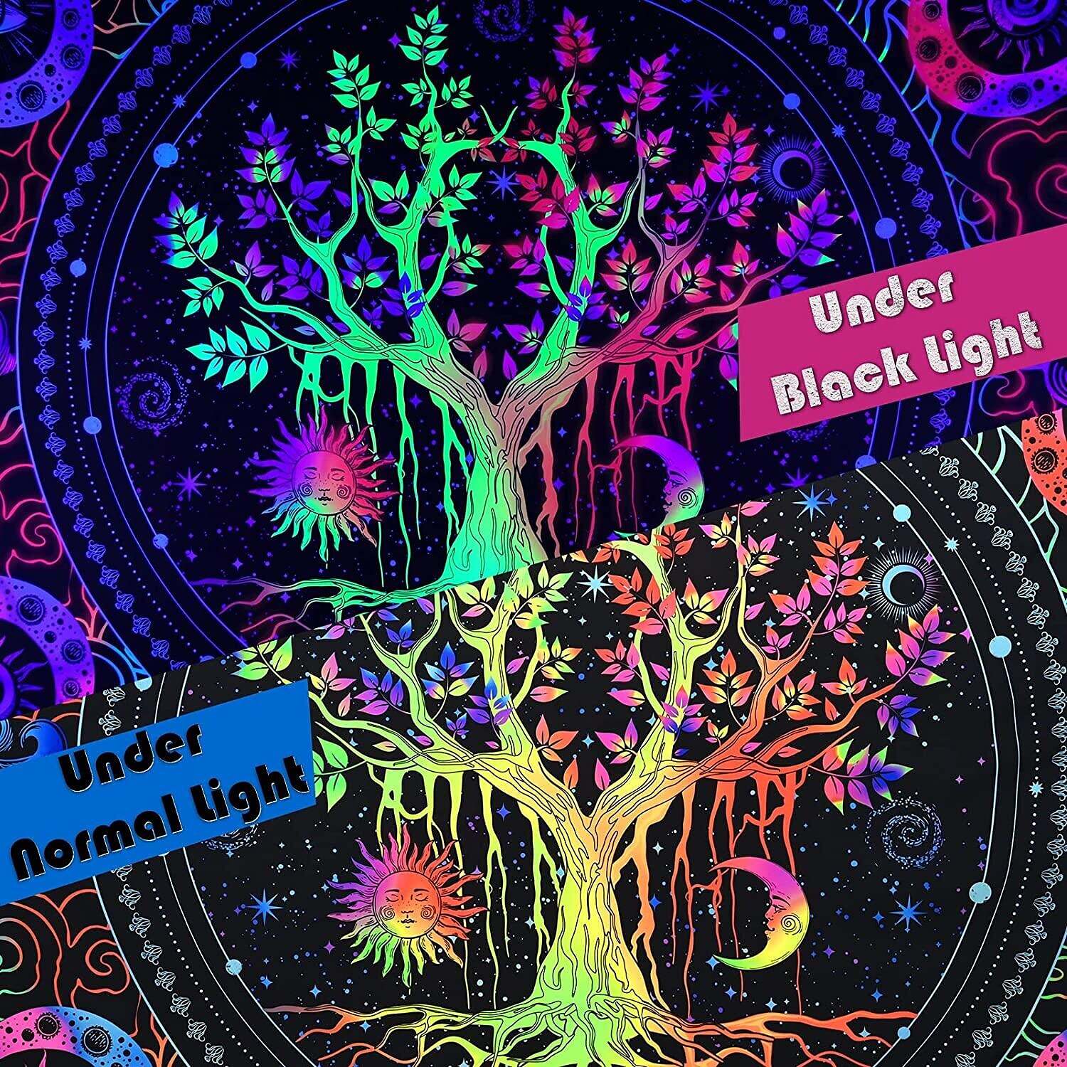 Blacklight Tapestry UV Reactive Trippy Tree of Life Mandala