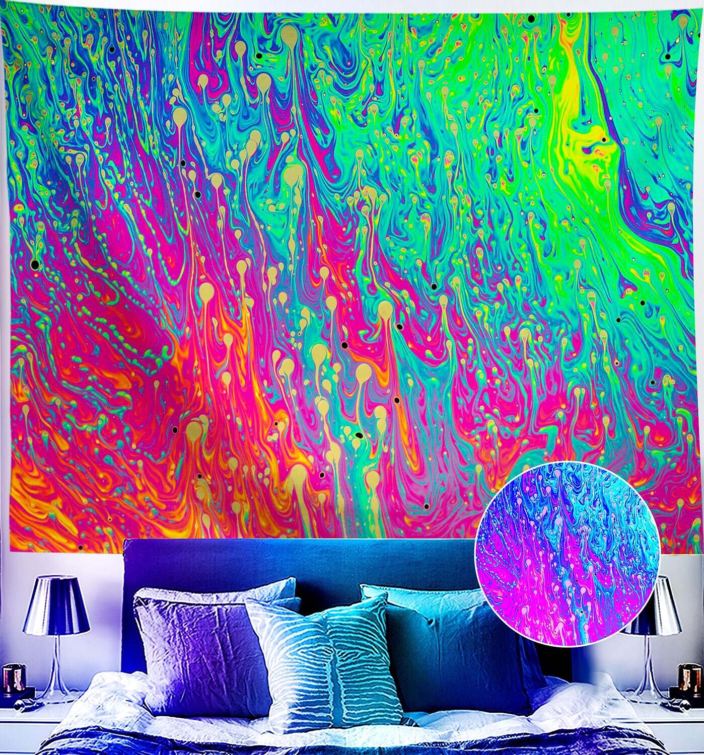 Trippy Blacklight UV Reactive Wall Tapestry Weed Alien Psychedelic