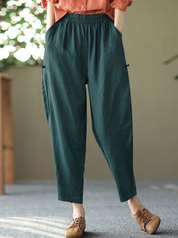 Women Pants & Capris | Solid Pocket Elastic Waist Casual Cotton Pants - VD36288