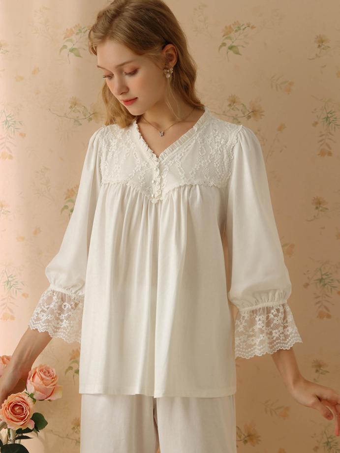 Lace Cotton V Neck Casual  Long Sleeve Pajama Set