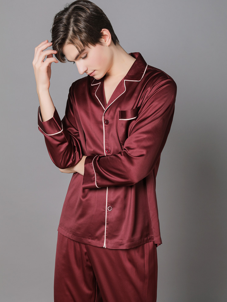 Ice Silk Plain Shawl Collar Casual Long Sleeve Couple Pajama Set