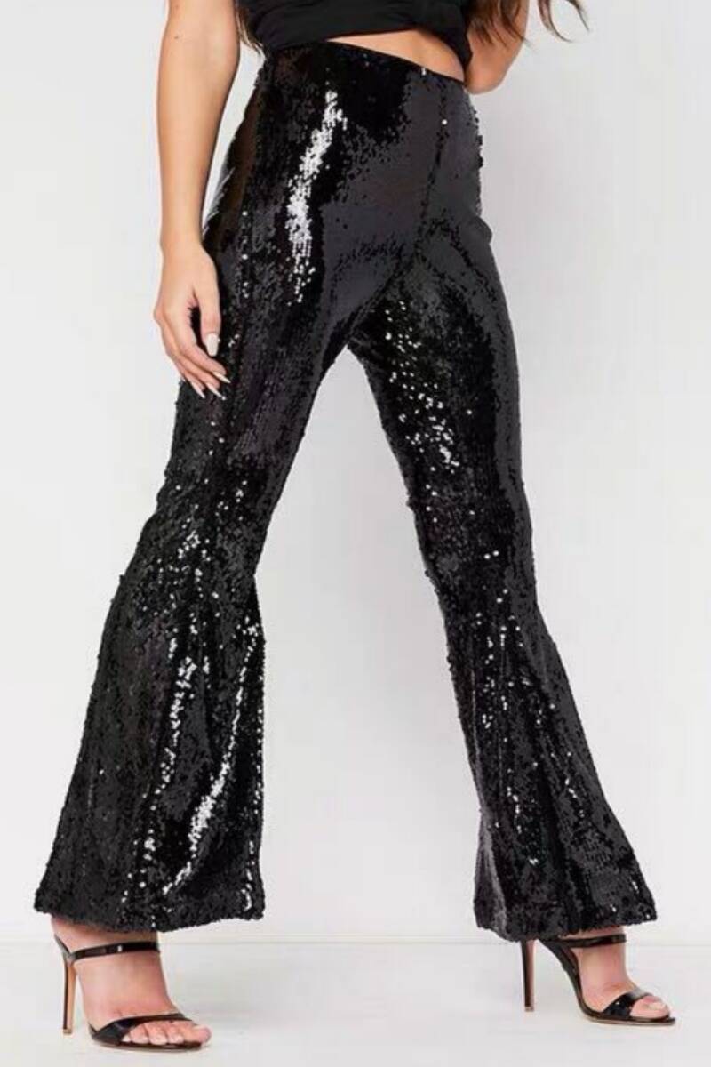 Black Casual Patchwork Sequins Regular High Waist Conventional Patchwork Trousers