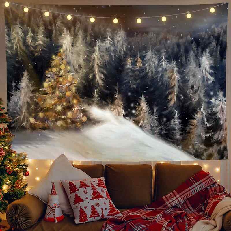 Christmas Decor LED Lights Wall Tapestry Snow Forest Christmas Tree Print