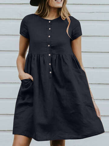 Women Casual Dresses | Solid Button Pocket Short Sleeve Casual Cotton Midi Dress - HV19260