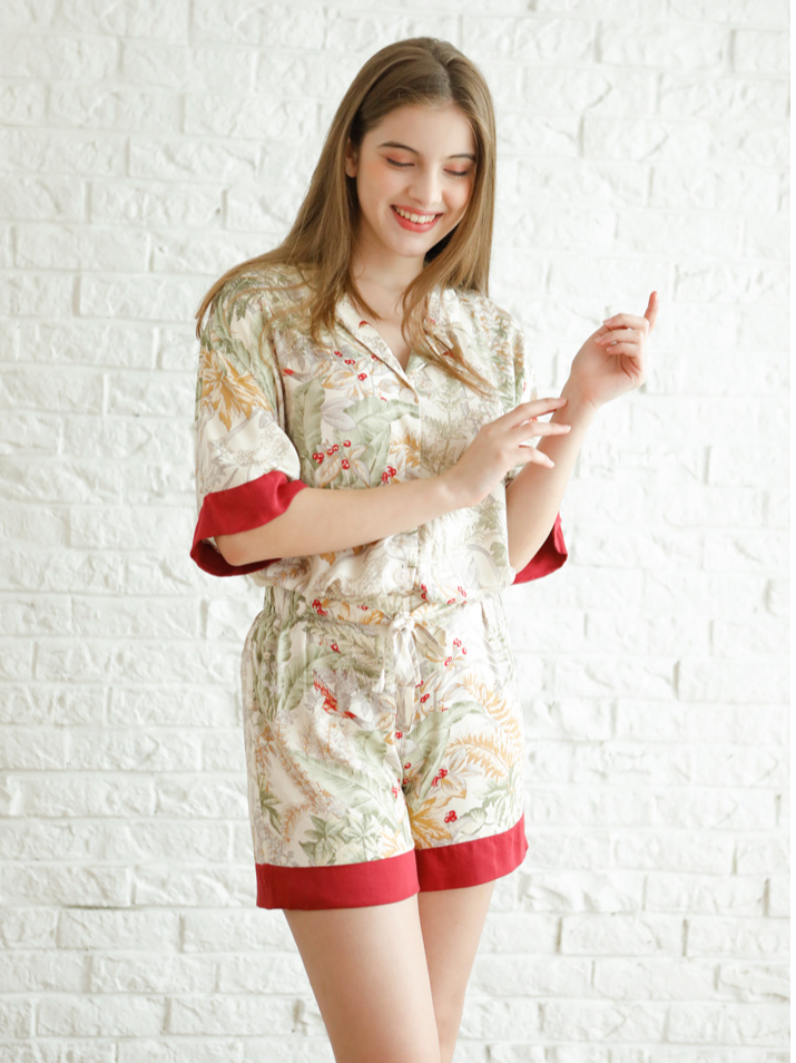 Leaf Loose Shawl Collar Sexy Short Sleeve Pajama Set