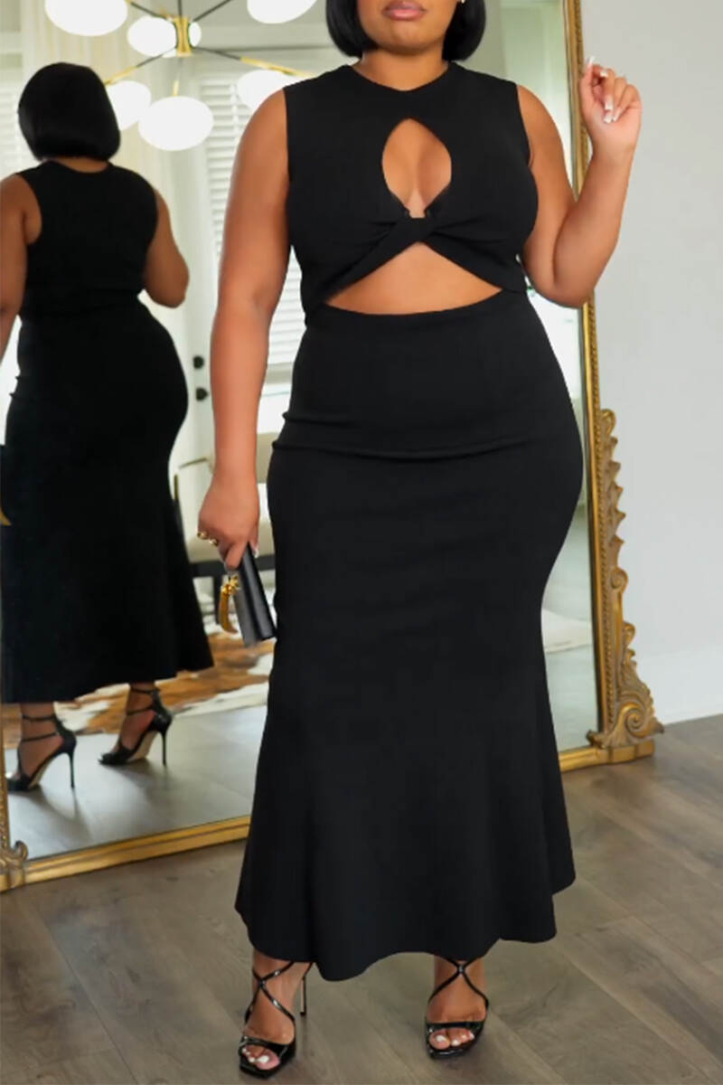 Black Sexy Casual Elegant Simplicity Cut Out Solid Color O Neck Trumpet Mermaid Dresses