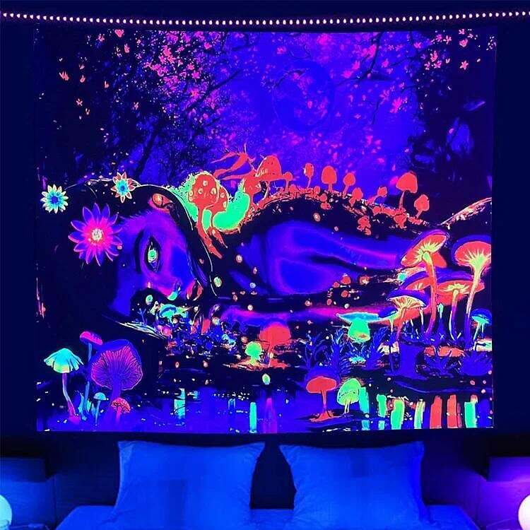 Trippy Girl Black Light Tapestry UV Reactive Psychedelic Mushroom Moon