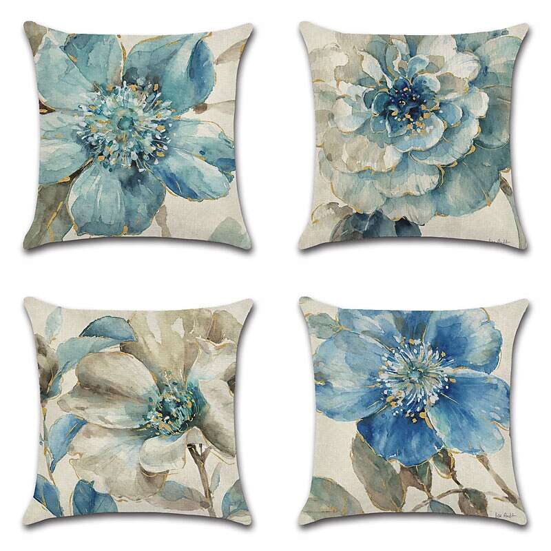 Blue Flower Double Side Cushion Cover 4PCS Soft Decorative Square Throw Pillow Cover Cushion Case Pillowcase for Sofa Bedroom Superior Quality Machine Washable