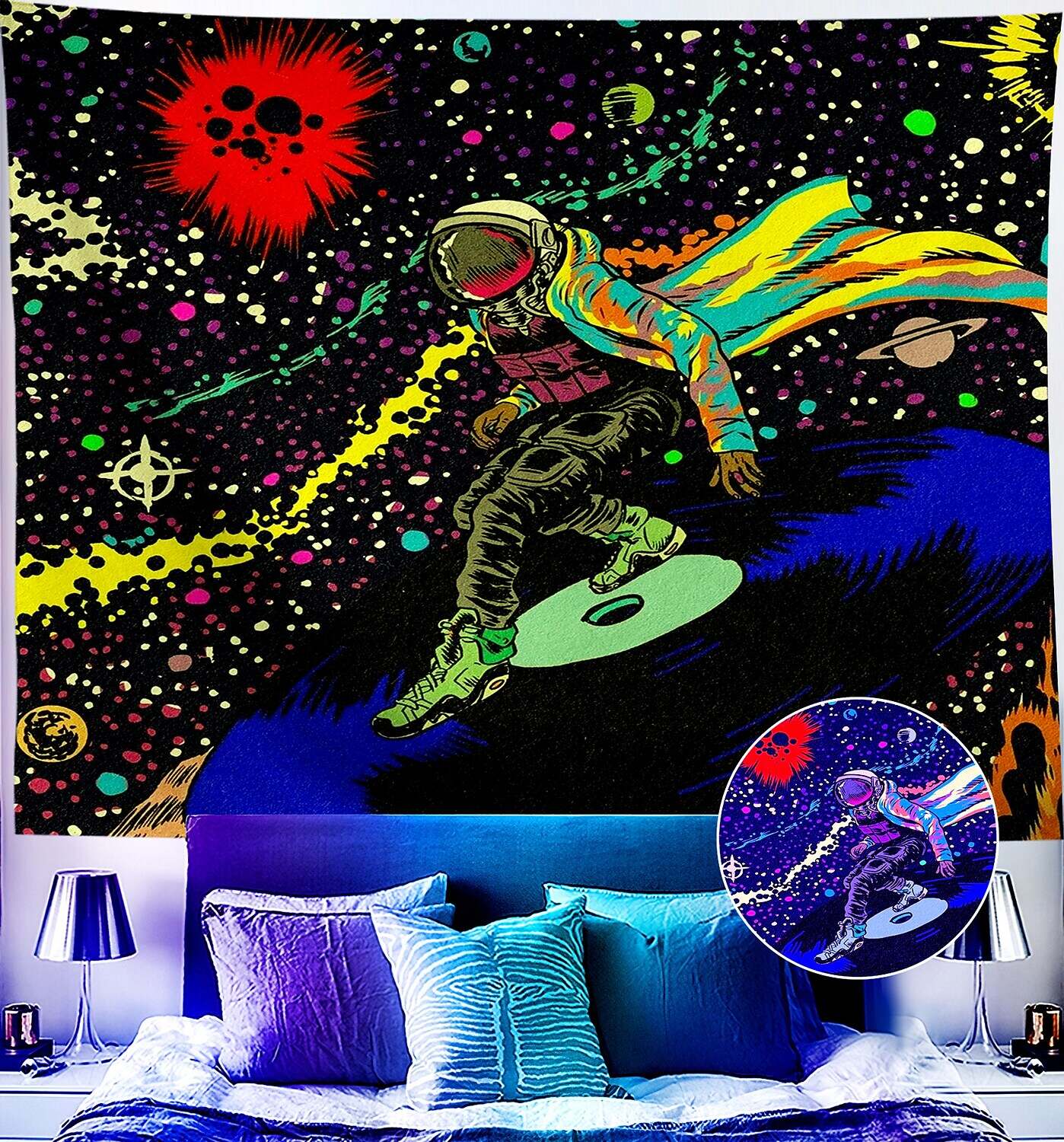 Trippy Blacklight UV Reactive Wall Tapestry Alien Astronaut Psychedelic