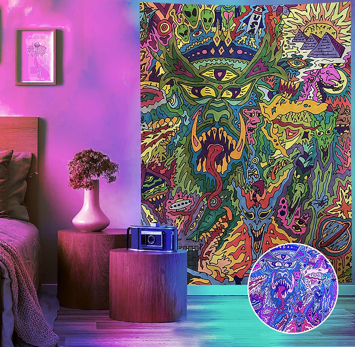 Trippy Blacklight UV Reactive Wall Tapestry Galaxy Alien Psychedelic Monster