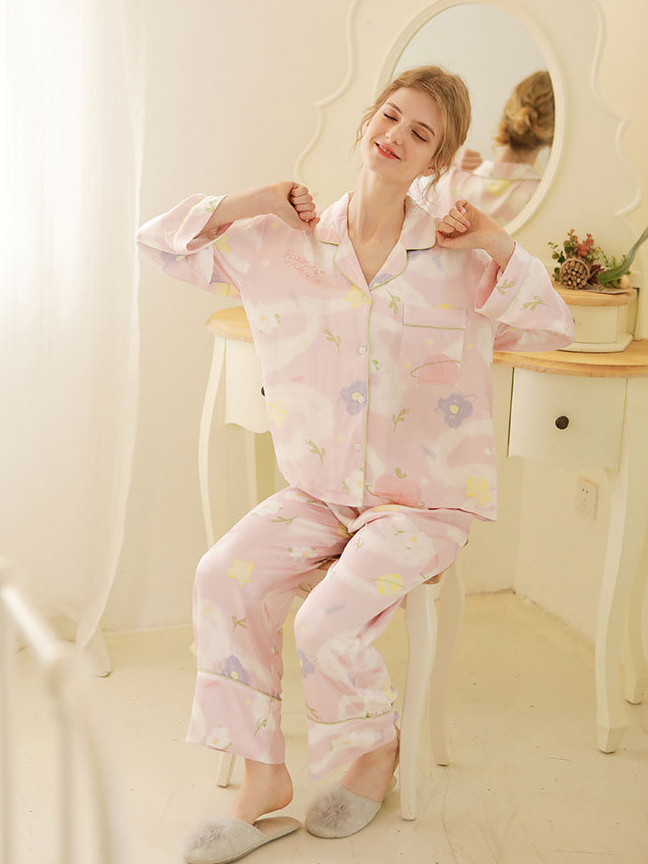 Satin Elegant Star Shawl Collar Long Sleeve Pajama Set