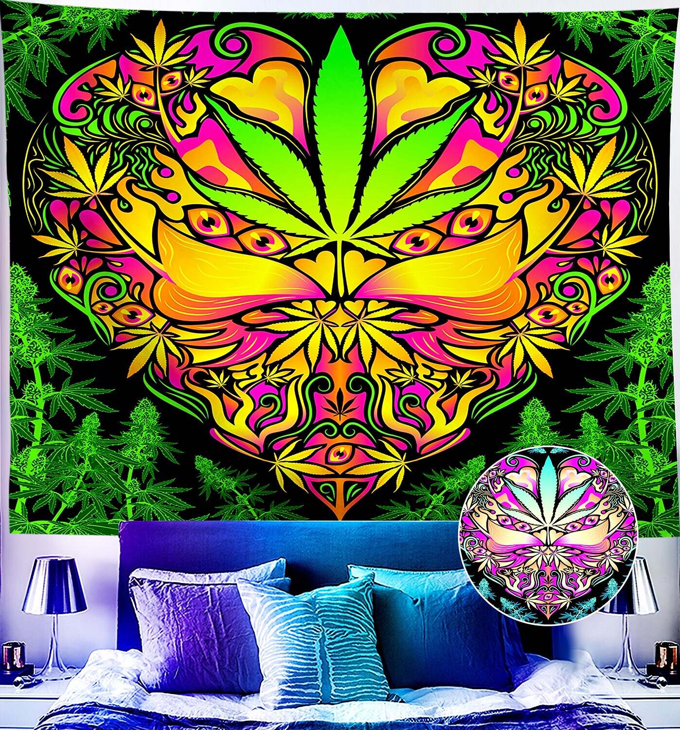 Trippy Blacklight UV Reactive Wall Tapestry Weed Alien Psychedelic