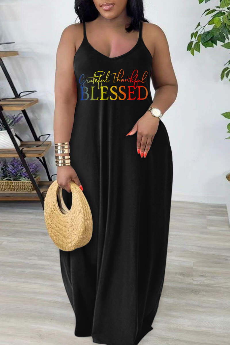 Black Red Sexy Casual Print Backless Spaghetti Strap Long Dress Dresses