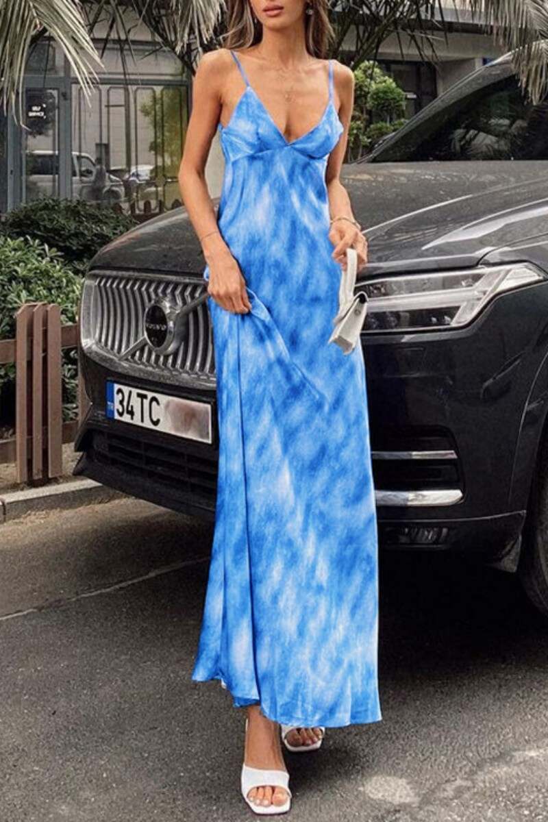 Blue Sexy Casual Print Backless Spaghetti Strap Long Dress Dresses