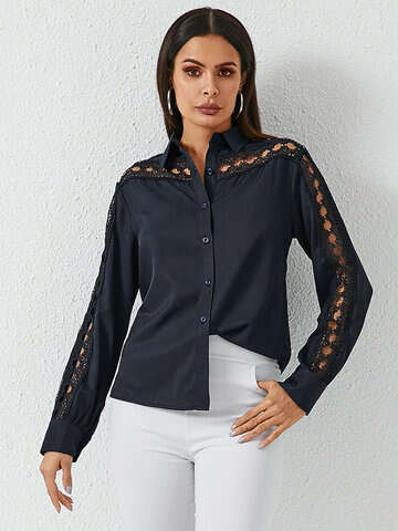 Women Blouses & Shirts | Lace Stitch Solid Lapel Long Sleeve Button Down Shirt - HR14264