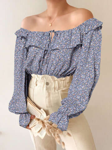 Women Blouses & Shirts | Floral Print Long Sleeve Ruffle Elastic Waist Knotted Casual Blouse - WU28668