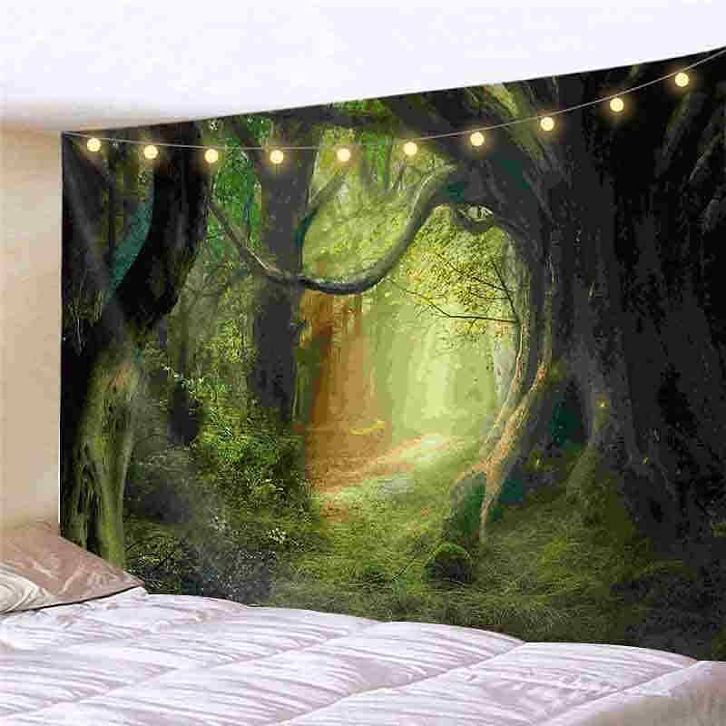 Landscape LED Lights Wall Tapestry Art Decor Forest Sunshine Waterfall Print