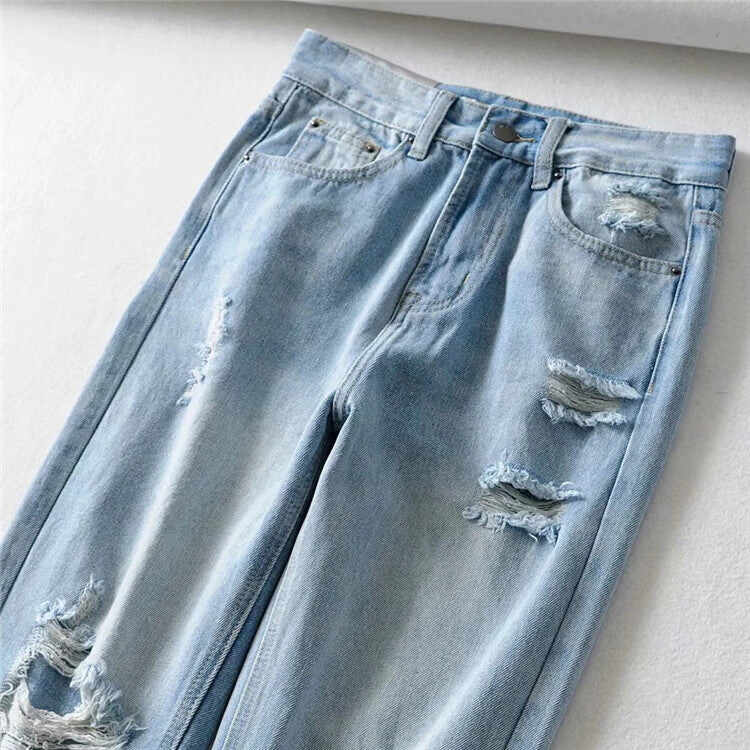 Light Blue denim Ripped Straight Leg Pants Women