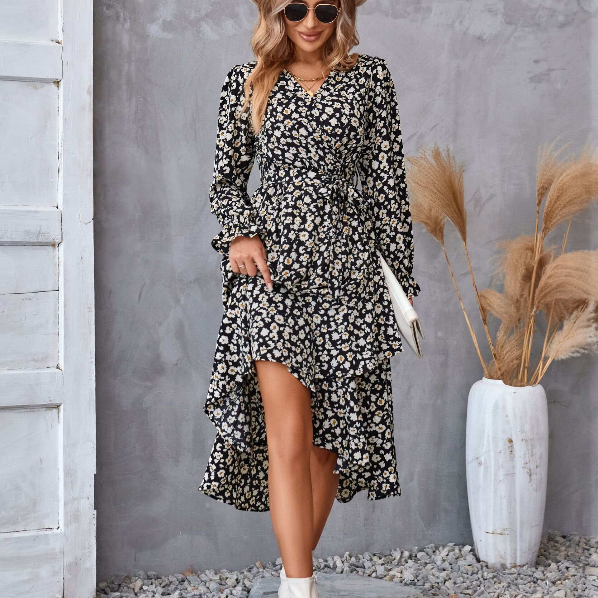 Women's long-sleeved printed dress latest style V-neck breathable and comfortable - Buy 3 and get free shipping