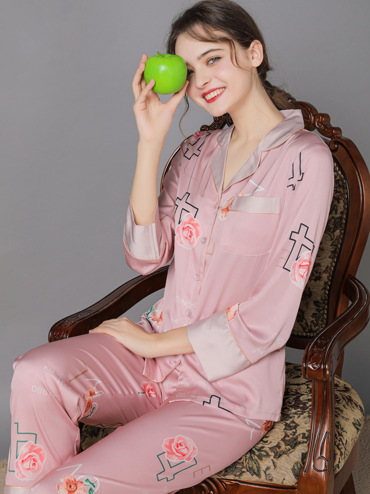 Floral V Neck Casual Regular Fit Long Sleeve Pajama Set