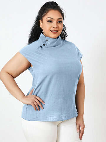 Women Plus Size Blouses & Shirts | Solid Color Stand Collar Short Sleeve Plus Size Button Blouse for Women - JK06833