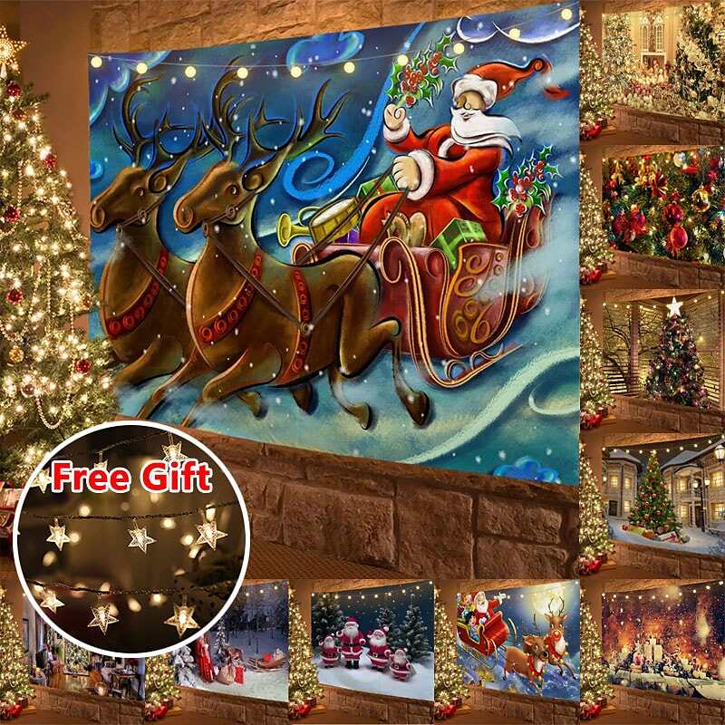 Christmas Decor LED Lights Wall Tapestry Santa Claus Christmas Tree Print