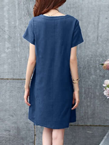 Women Casual Dresses | Solid Short Sleeve Pocket Casual Crew Neck Dress - AX71567