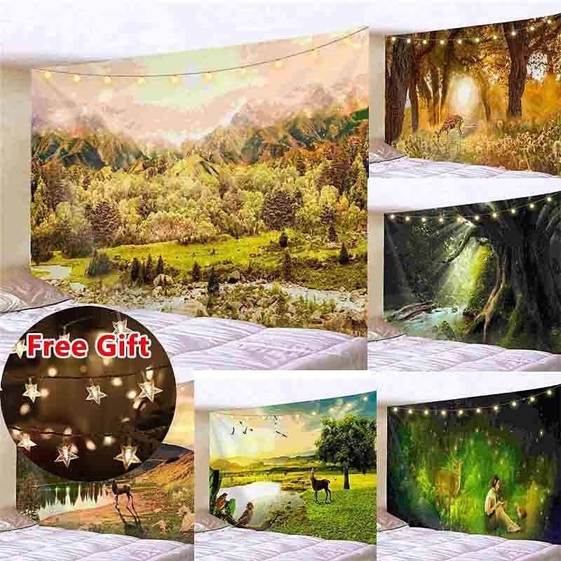 Landscape LED Lights Wall Tapestry Art Decor Waterfall Sunsetn Print