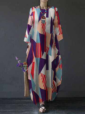 Women Print Dresses | Contrast Color Geometric Print Long Sleeve Vintage Dress For Women - KS96437