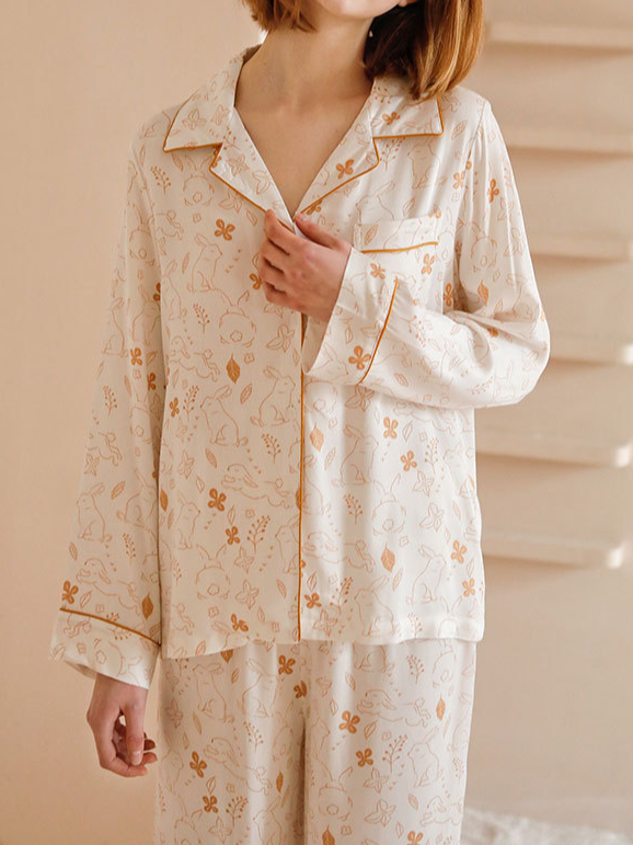 Casual V Neck Bamboo Fiber Regular Fit Long Sleeve Pajama Set