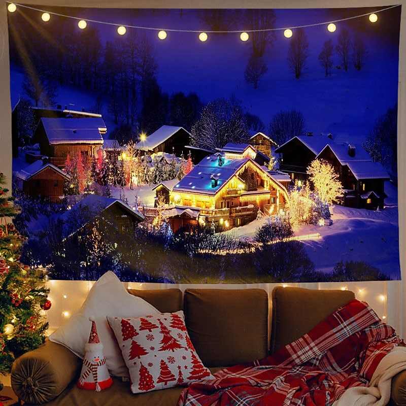 Christmas Decor LED Lights Wall Tapestry Santa Claus Christmas Tree Print