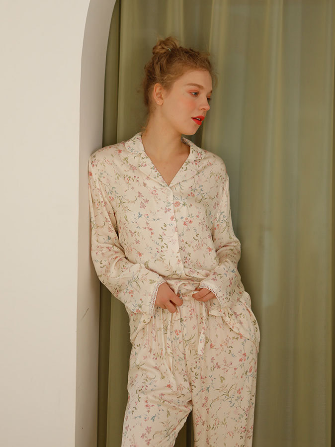 Simple Shawl Collar Stain Lace Long Sleeve Pajama Set