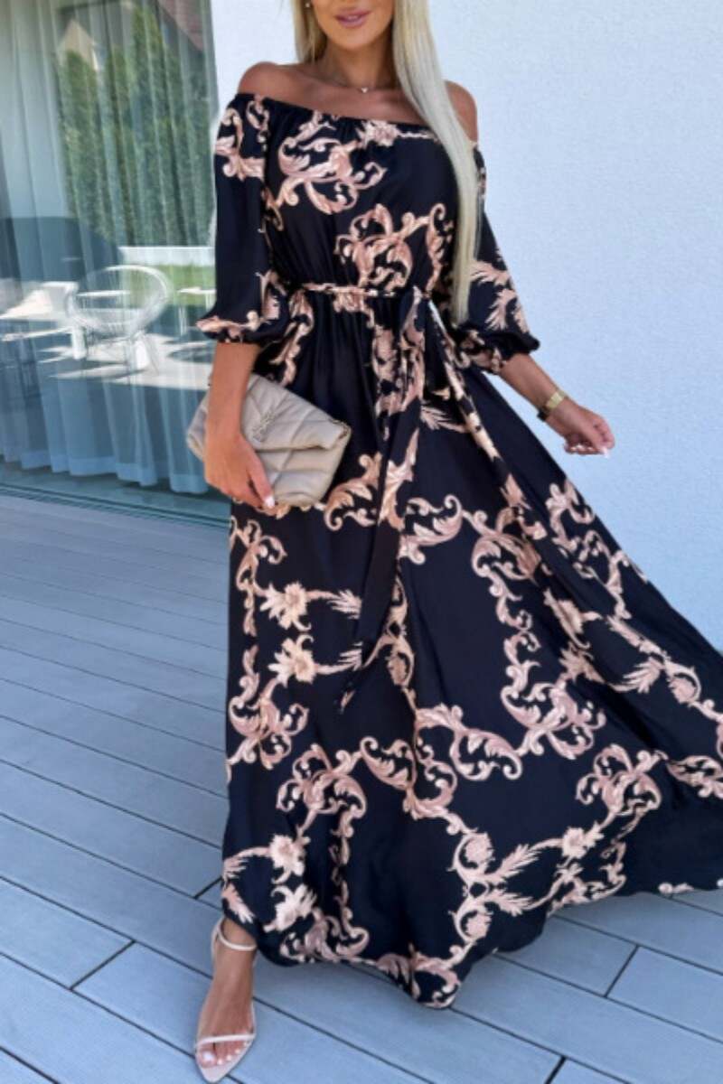 Black Red Casual Print Patchwork Off the Shoulder Long Dress Dresses