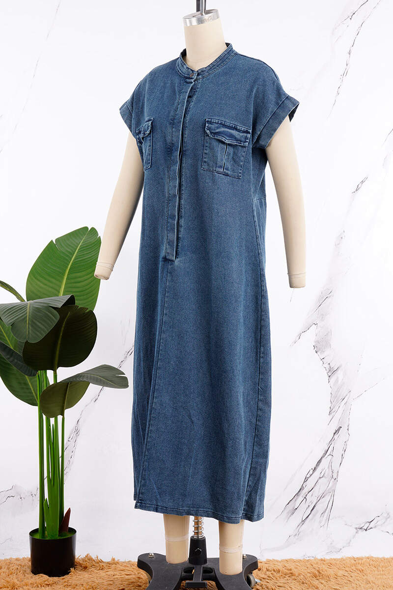 Blue Casual Solid Patchwork Pocket Slit Mandarin Collar Short Sleeve Regular Denim Dresses