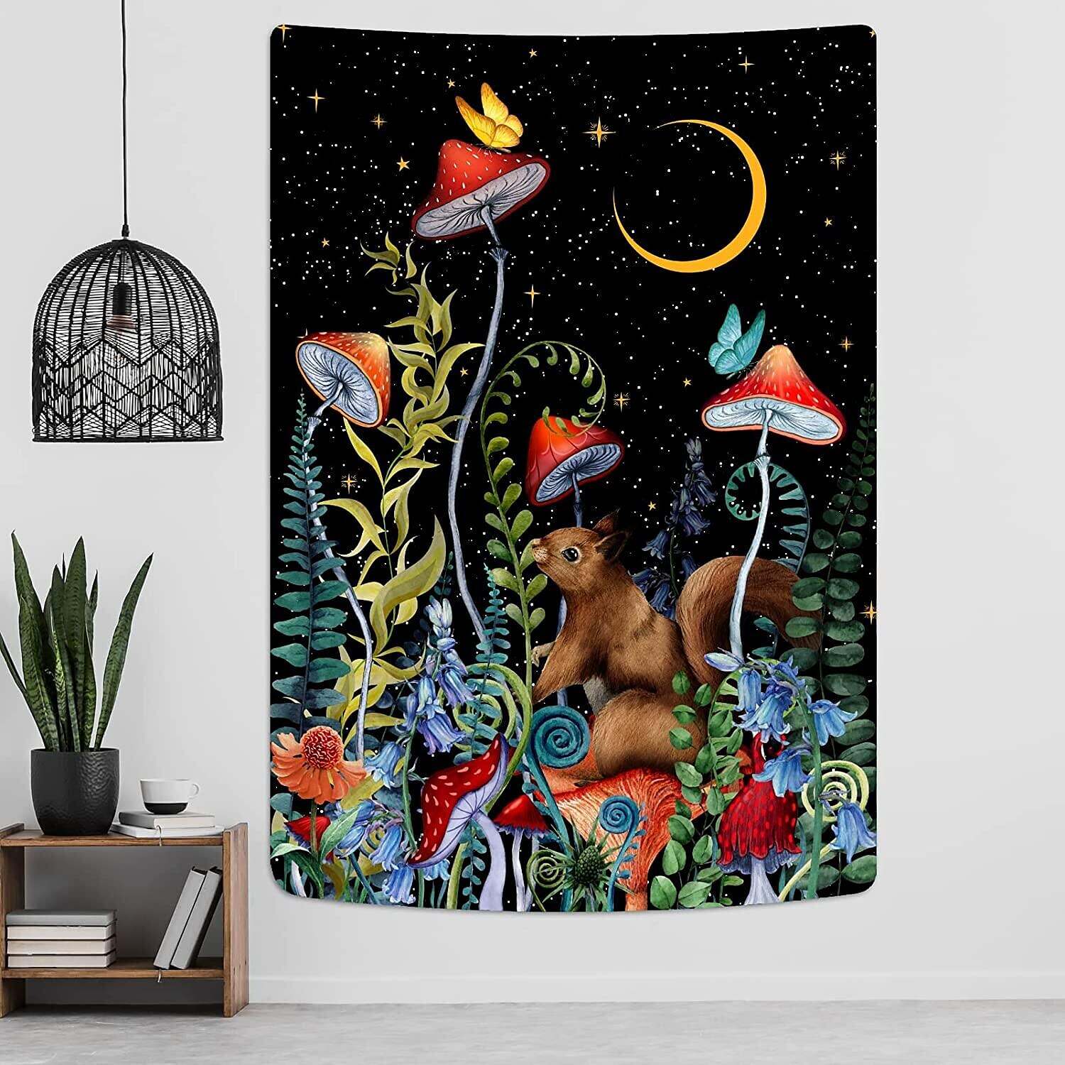 Mushroom Trippy Wall Tapestry Moon and Stars Flowers