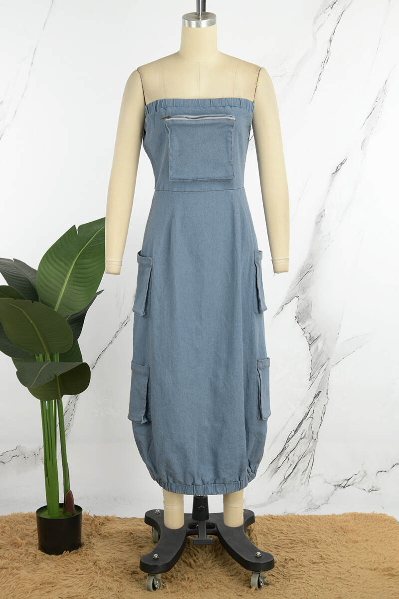 Baby Blue Street Solid Patchwork Pocket Zipper Strapless Sleeveless High Waist Straight Denim Dresses