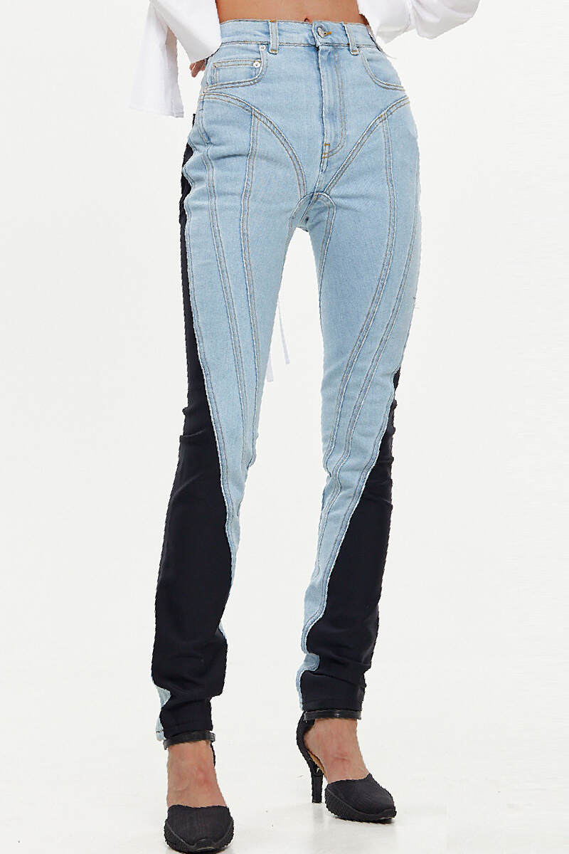 Baby Blue Casual Patchwork Contrast High Waist Skinny Denim Jeans