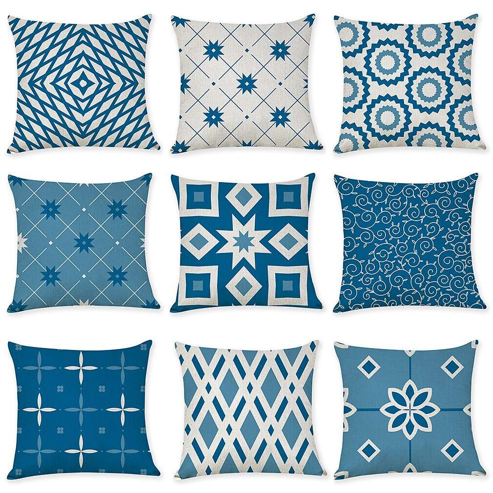 Blue Set of 9 Pillow Cover, Geometric Pattern Geometic Leisure Modern Faux Linen Throw Pillow Outdoor Cushion for Sofa Couch Bed Chair Blue